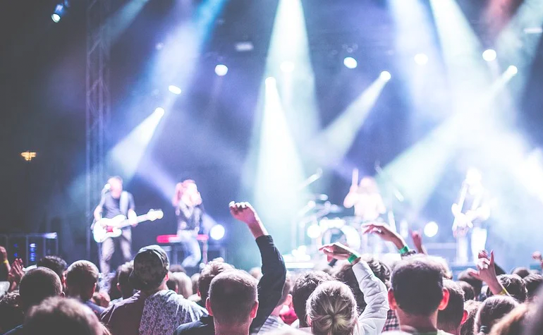 photo of concert, lights, fans cheering